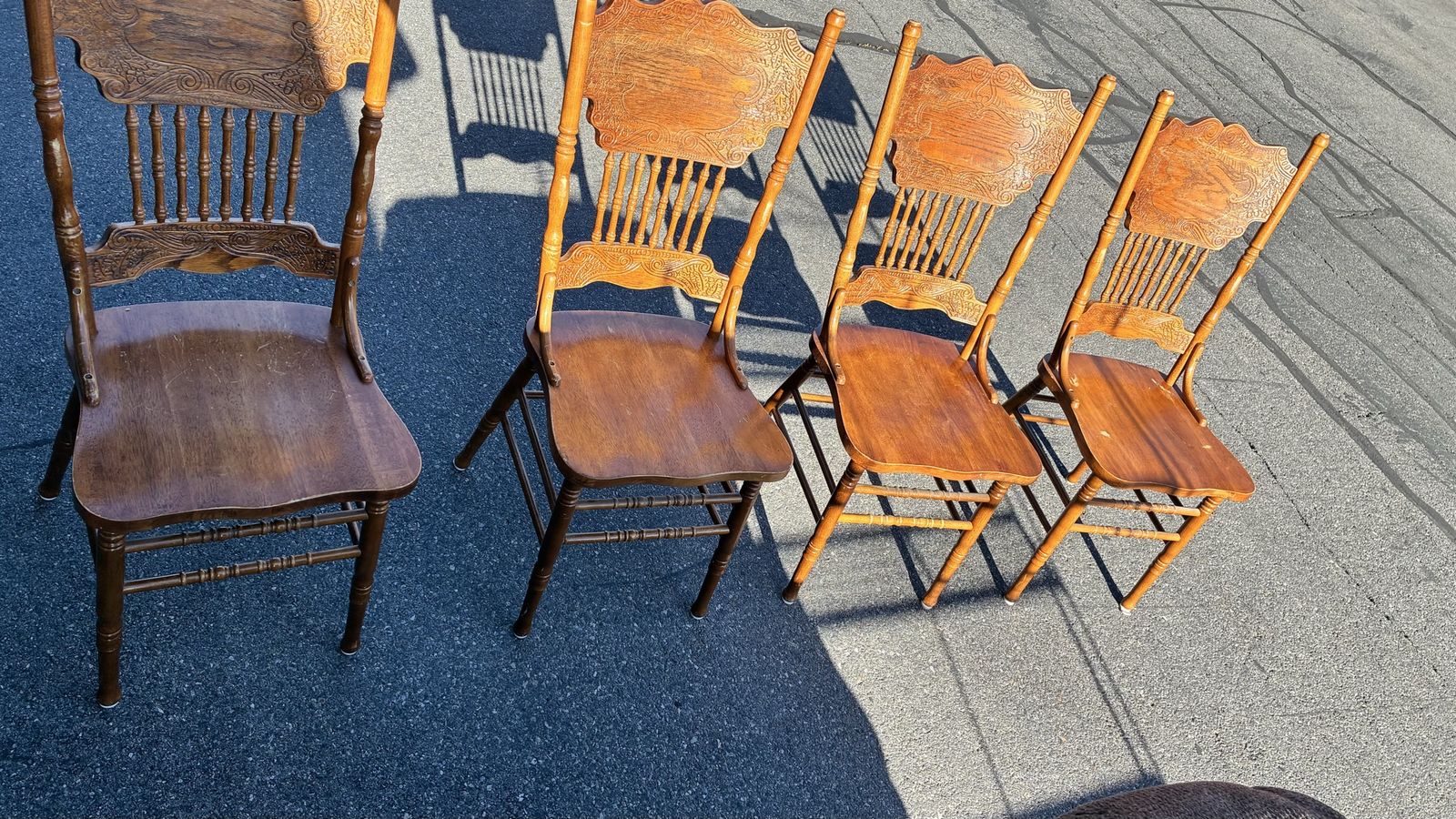 Vintage Wooden Folding Chairs - Set of 4, Ornate Carved Backs, Rustic Brown Finish and Table
