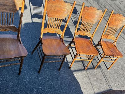 Vintage Wooden Folding Chairs - Set of 4, Ornate Carved Backs, Rustic Brown Finish and Table