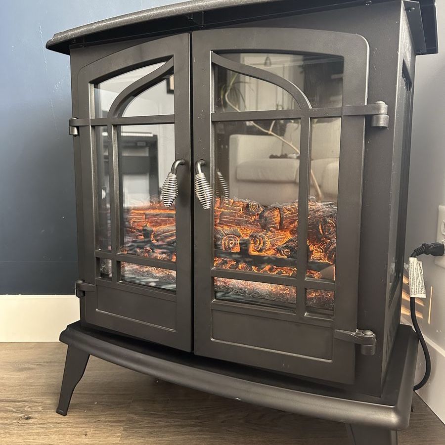 Freestanding Electric Fireplace Stove Heater with Flame Effect - Black