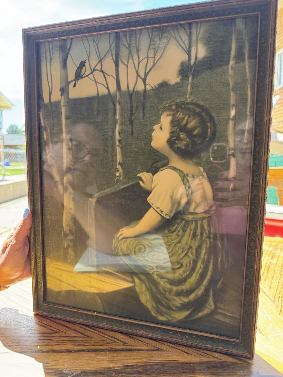 Antique 1920s Framed Girl & Bird Print Spring Song by John Drescher 13 X 10