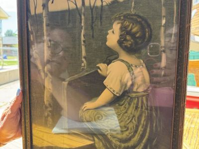 Antique 1920s Framed Girl & Bird Print Spring Song by John Drescher 13 X 10