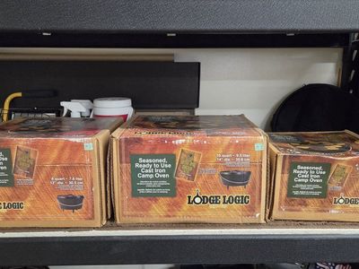 3 Lodge Cast Iron Camp Ovens in Box. Sizes #10 shallow, #12 Deep, #14 Deep.