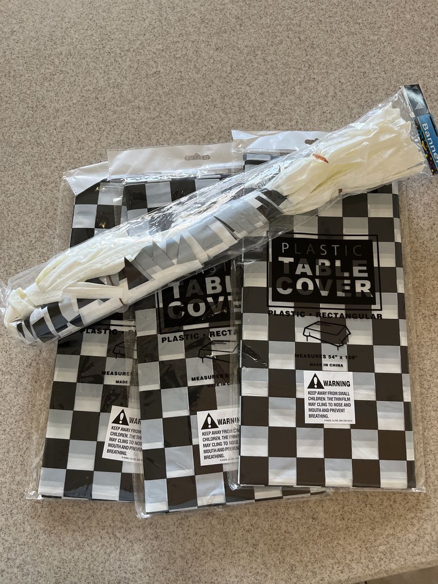 3 Plastic Table Cloths & Banner
