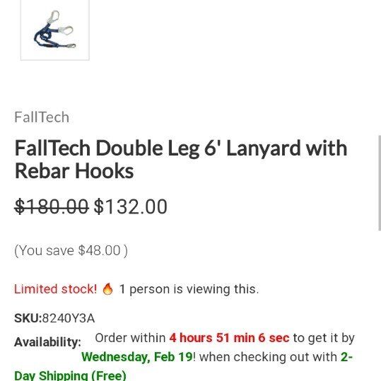New FallTech Double Leg 6' Lanyard with Rebar Hook