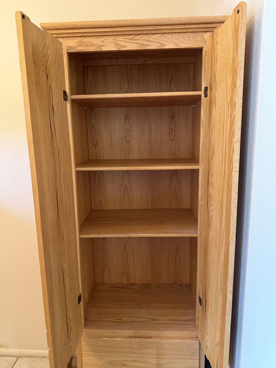 Oak Wood Armoire Wardrobe with Shelves and 2 Drawers - Good Condition Storage Cabinet