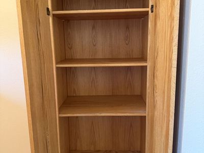 Oak Wood Armoire Wardrobe with Shelves and 2 Drawers - Good Condition Storage Cabinet