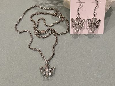 Stainless Steel Crystal Angel Pendant Necklace & Matching Earrings