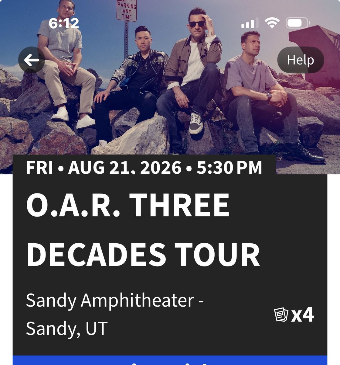 4 Tickets: O.A.R. Three Decades Tour at Sandy Amphitheater (Fri, Aug 21, 2026)
