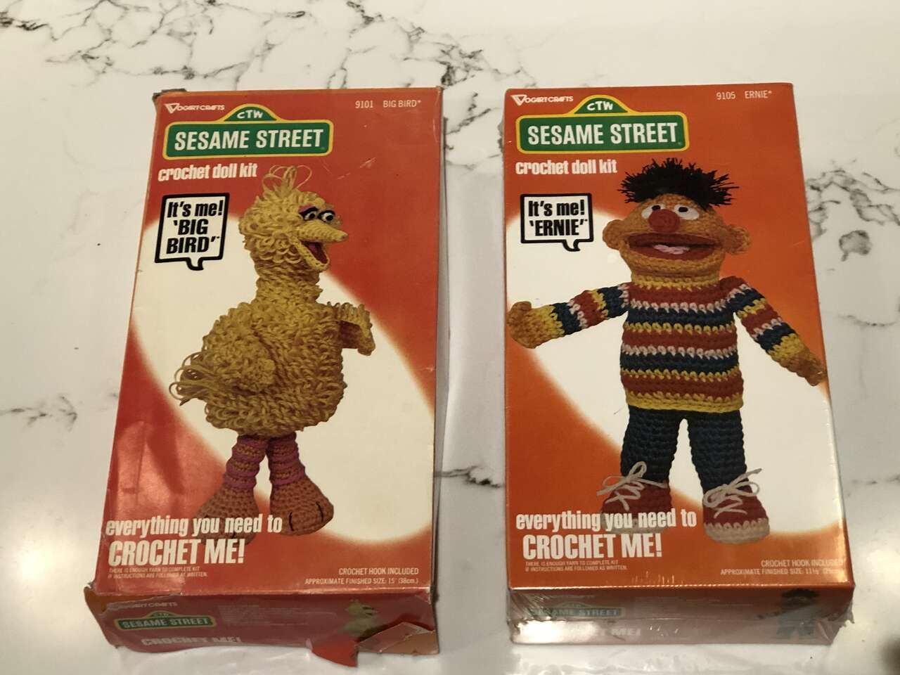 Vintage 1976 Sesame Street  crochet doll kits. Big Bird and Ernie. Comes w everything you need. 1970s crafts 70's