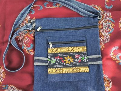 Blue Denim Crossbody Bag with Floral Embroidered Pocket Accent