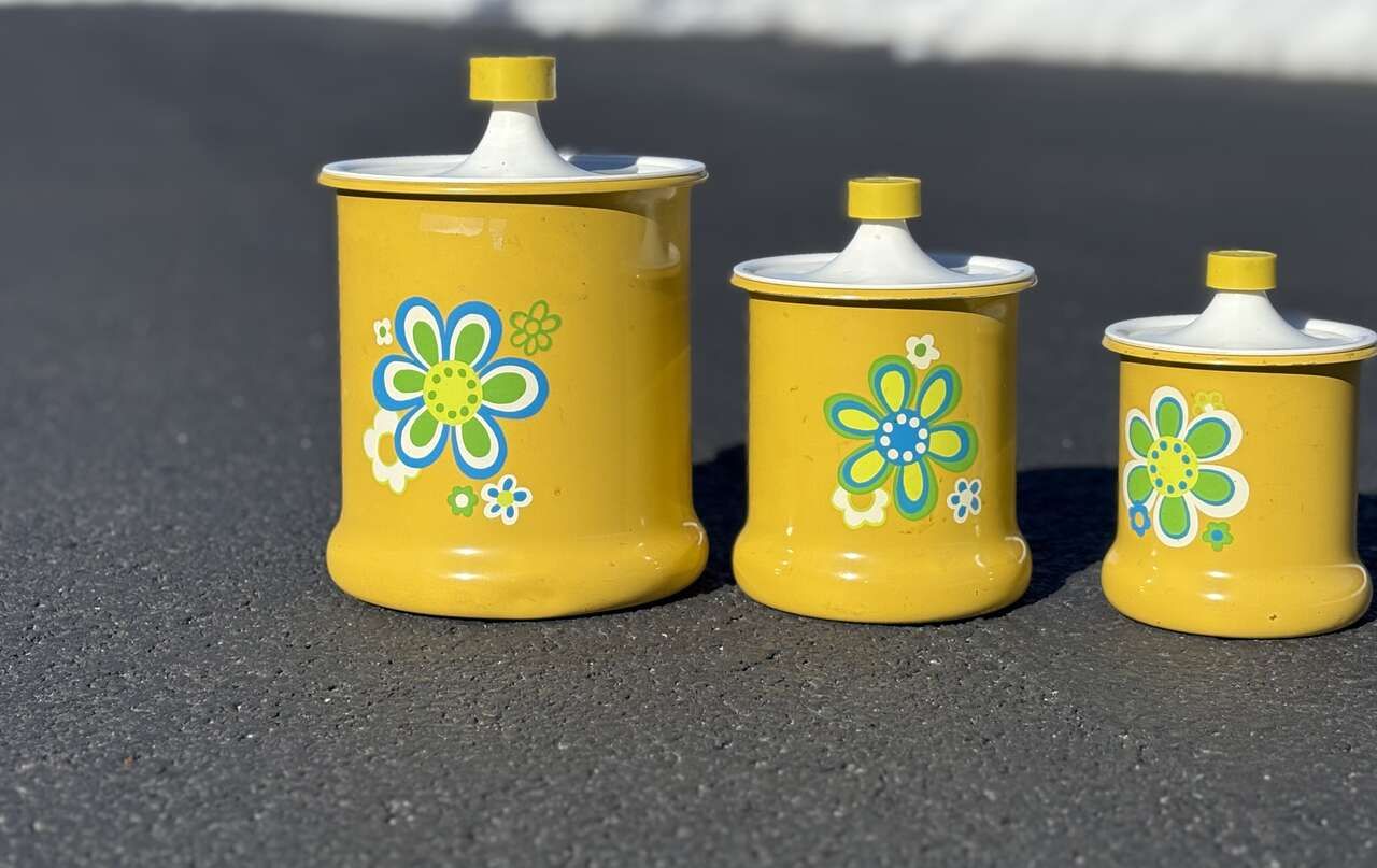 3 Vintage 1960’s / 70’s Kromex aluminum kitchen storage canisters "flower power" Mid Century Modern MCM