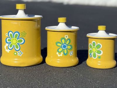 3 Vintage 1960’s / 70’s Kromex aluminum kitchen storage canisters "flower power" Mid Century Modern MCM