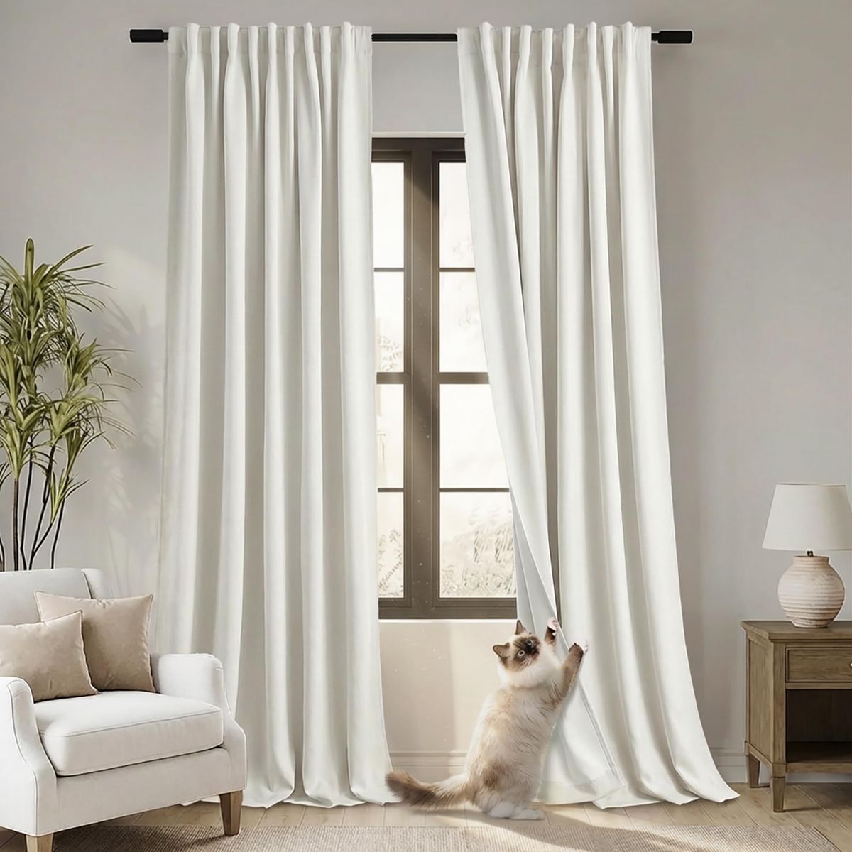 86 Inch Curtains, Linen Blackout Cat Proof Back Tab Drapes for Bedroom Living Room, 52'' W x 86'' L, 2 Panels Set, Cream Ivory