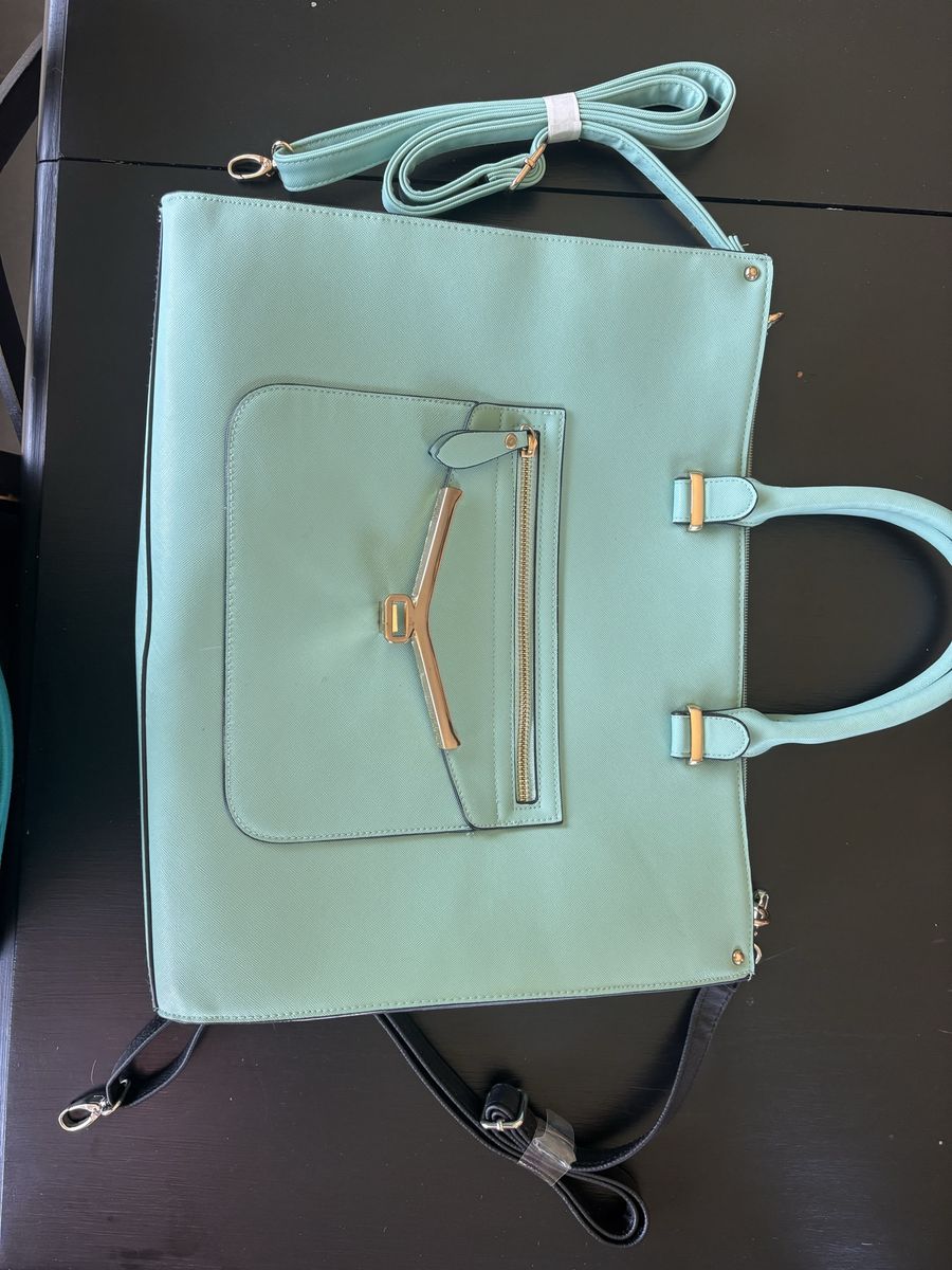 Mint Green Faux Leather Multi-Compartment Tote Bag with Adjustable Strap