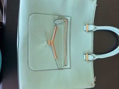 Mint Green Faux Leather Multi-Compartment Tote Bag with Adjustable Strap