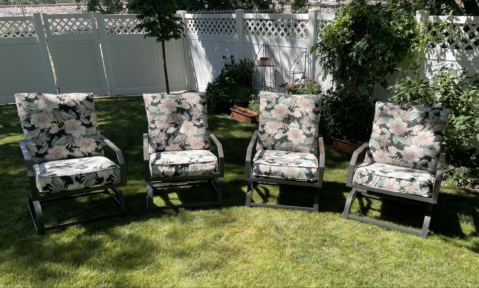 Set of 4 Patio Chairs with Floral Cushions - Metal Frame Outdoor Rocking Chairs