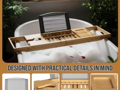 SereneLife SLBTHTRAY Adjustable Bamboo Bathtub Caddy Tray with Tablet Holder & Wine Glass Slot