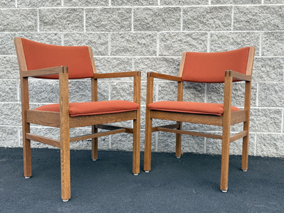 Beautiful matching PAIR of Mid Century Modern armchairs. Amazing condition, sweet orange fabric Vintage MCM