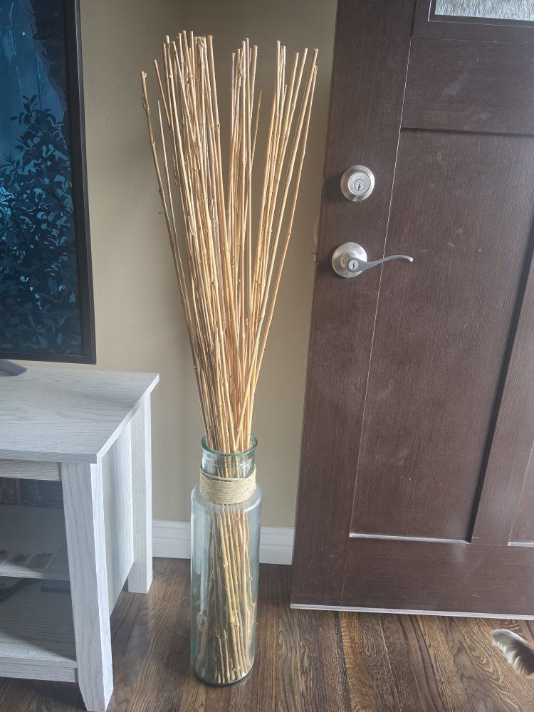 Large Clear Glass Floor Vase with Natural Bamboo Decorative Sticks - Home Decor Accent