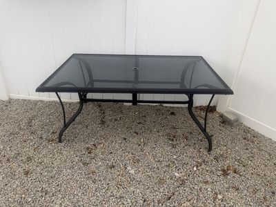 Outdoor Patio Dining Table with Glass Top and Umbrella Hole - Black Metal Frame