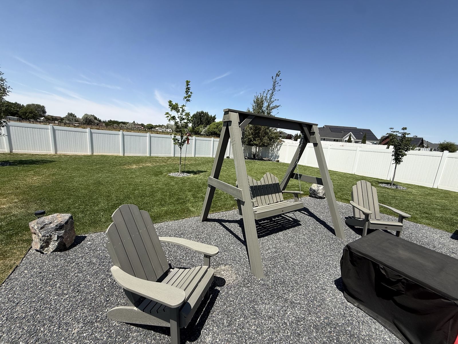 Adirondack Outdoor Furniture Set: Plywood Swing & 2 Chairs, Gray Finish