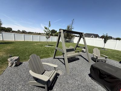 Adirondack Outdoor Furniture Set: Plywood Swing & 2 Chairs, Gray Finish