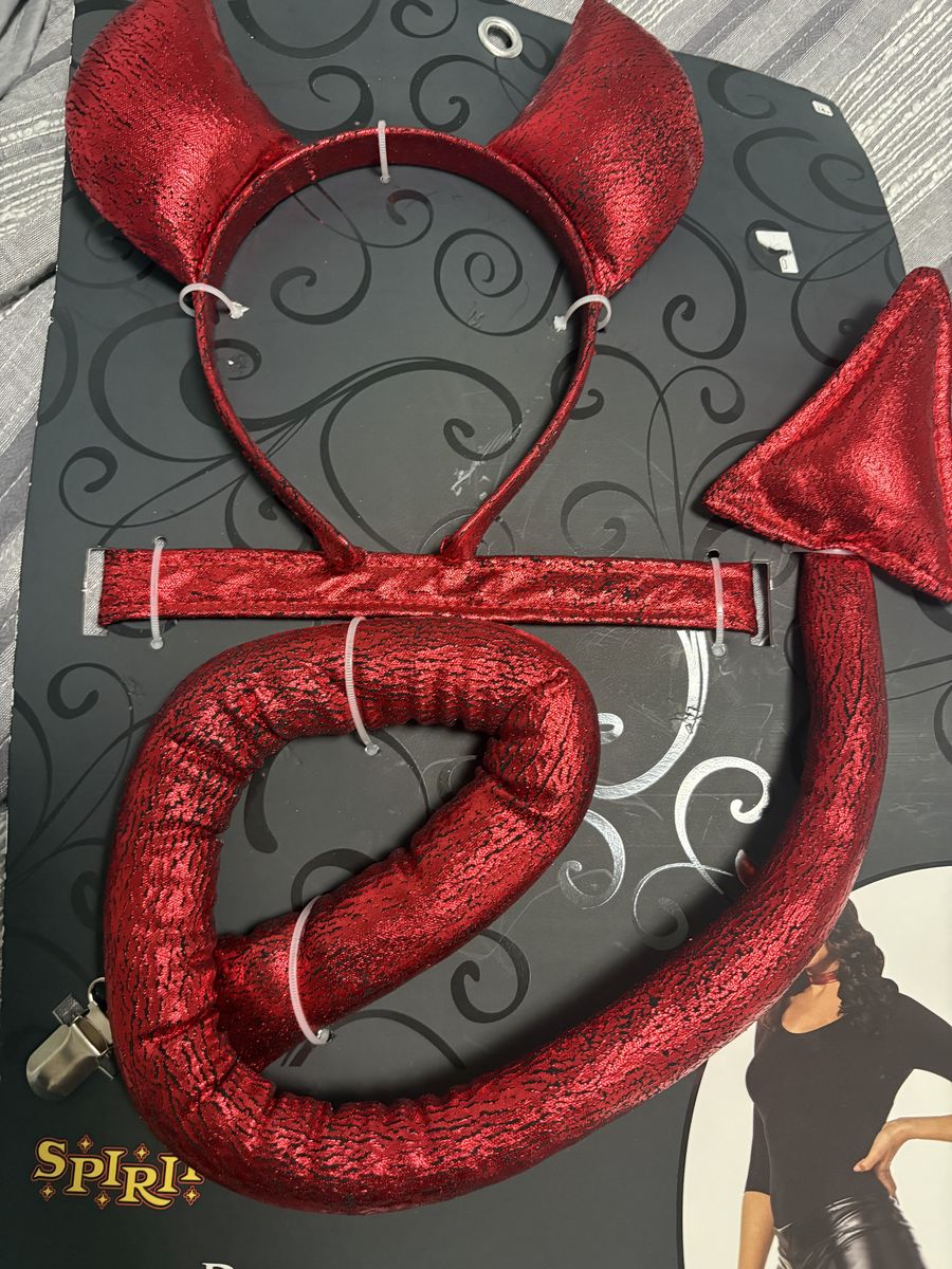 Spirit Halloween Devil Costume Kit - Red Metallic Horns Headband Tail & Choker Set