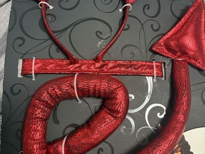 Spirit Halloween Devil Costume Kit - Red Metallic Horns Headband Tail & Choker Set