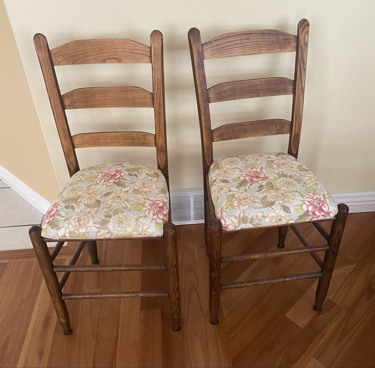 Vintage Wooden Ladder Back Accent Chairs with Floral Upholstered Seats - Set of 2 36” tall