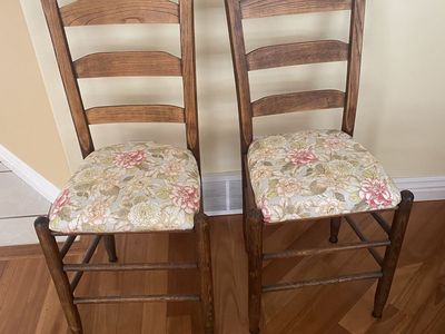 Vintage Wooden Ladder Back Accent Chairs with Floral Upholstered Seats - Set of 2 36” tall