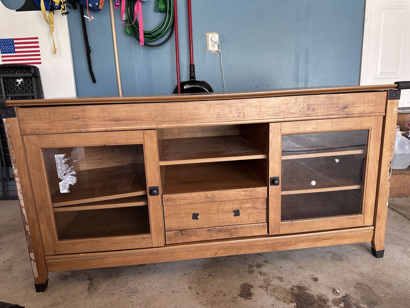 Wooden TV Stand Media Console with Glass Cabinets and Storage Drawer