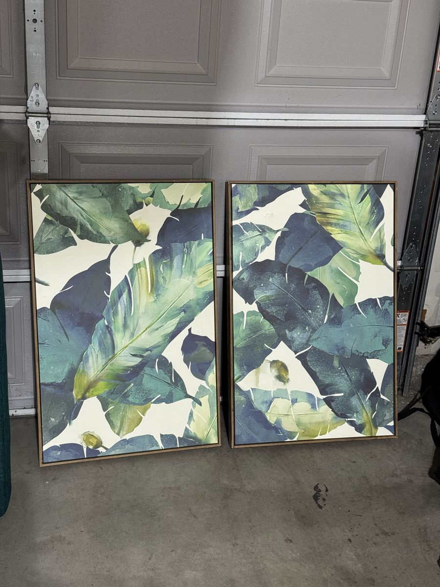 Set of 2 Framed Tropical Leaf Canvas Wall Art Panels