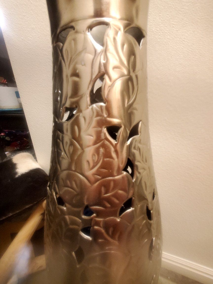 Beautiful, Large Silver Metal Floor Vase with Cutout Leaf Design