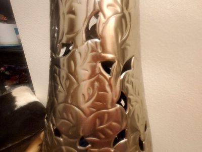 Beautiful, Large Silver Metal Floor Vase with Cutout Leaf Design