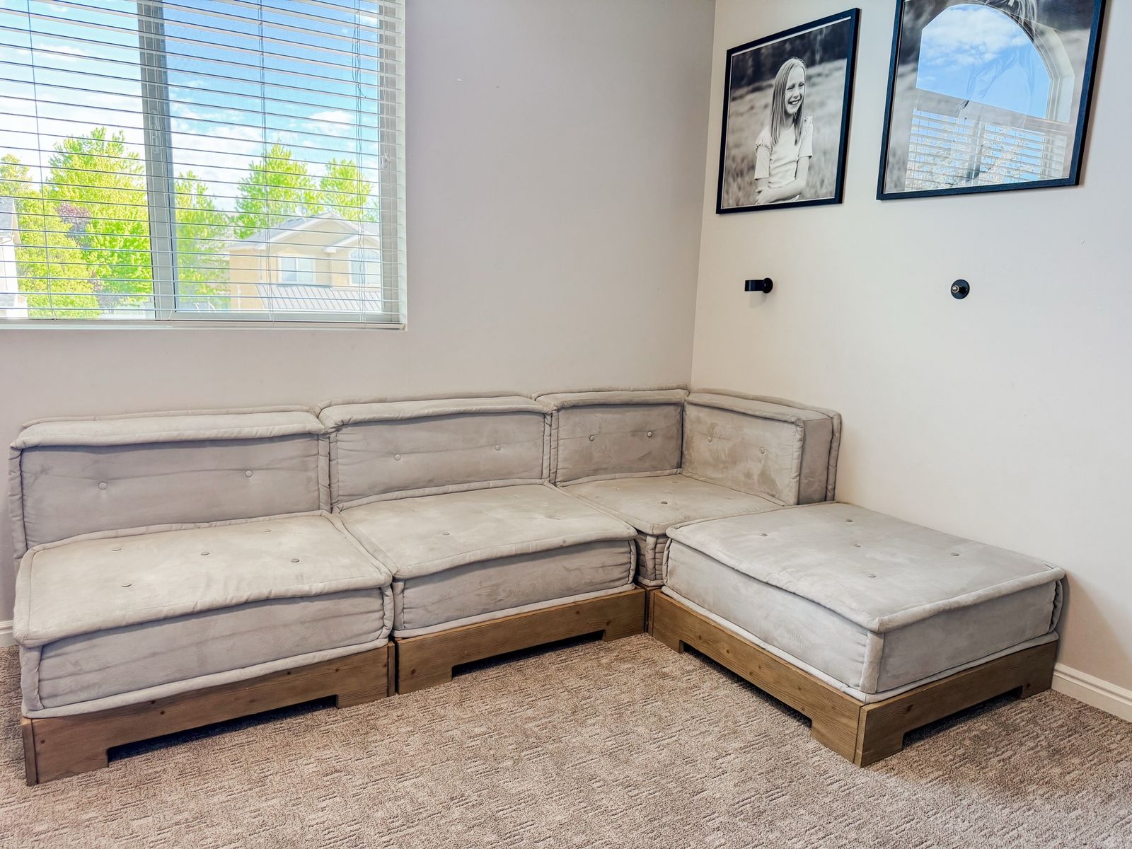 Pottery Barn L-Shaped Sectional Sofa Couch with Wood Base - Light Gray/Tan Fabric
