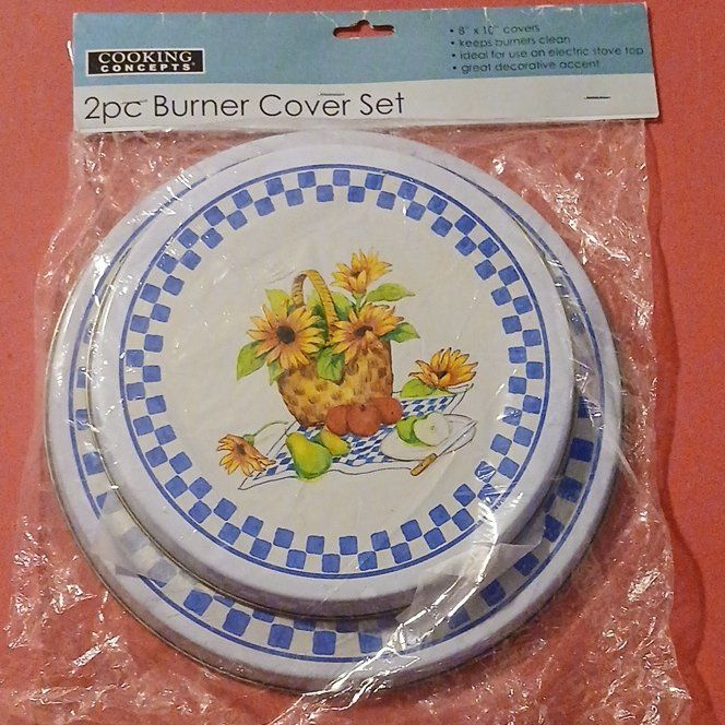 Cooking Concepts 2pc Burner Cover Set - Sunflowers & Checkered Design, 8" & 10" Round