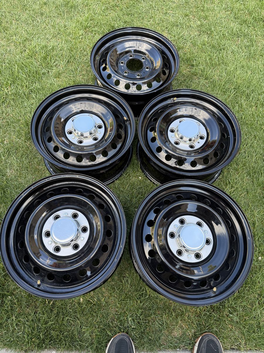 Set of 5 New Black Steel Wheels Rims 17x7.50 6 lug. Fits Chevy,Toyota and new ford bronco.