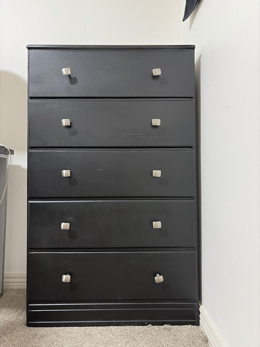 Black 5-Drawer Wood Dresser Chest with Brushed Silver Knobs