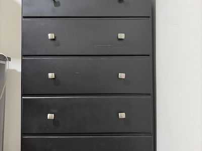 Black 5-Drawer Wood Dresser Chest with Brushed Silver Knobs
