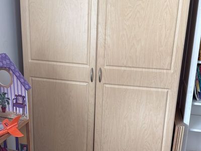 Light Wood Double Door Wardrobe Closet Armoire with Hanging Rods and Shelves