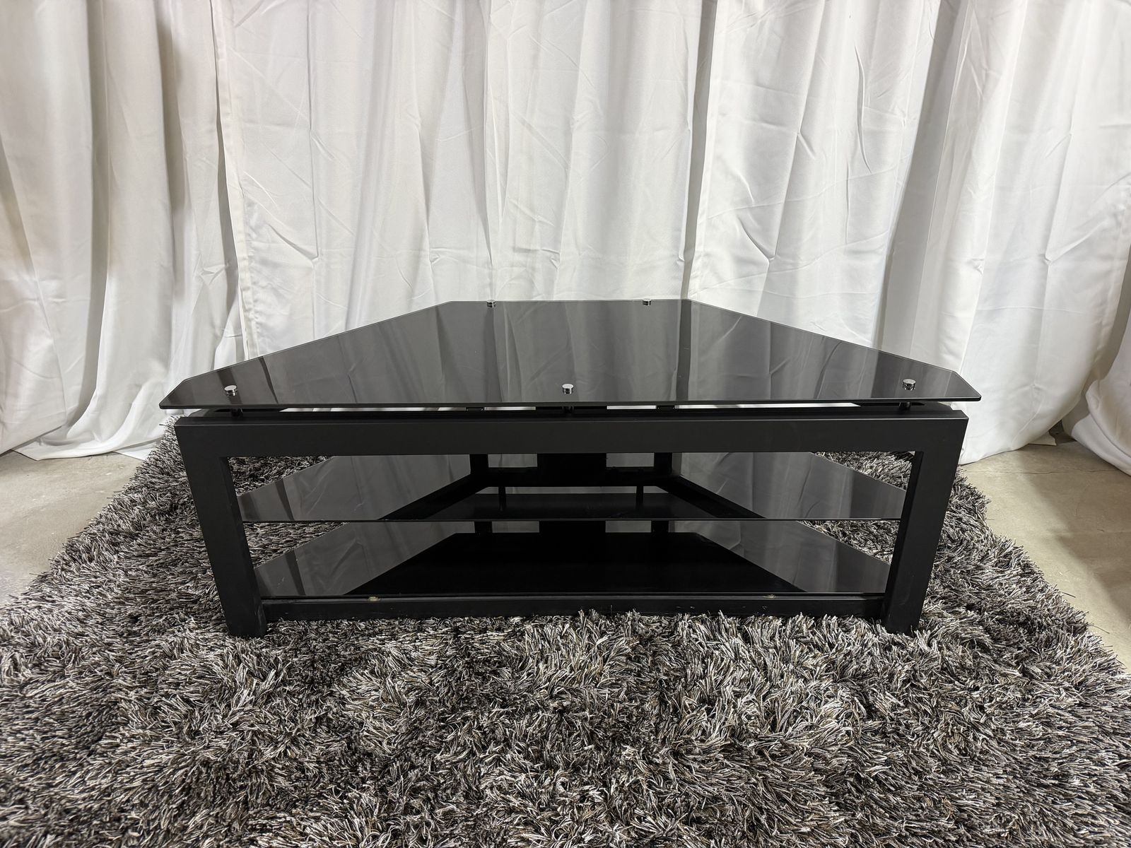Black Metal & Tempered Glass Corner TV Stand Media Console (48" W)