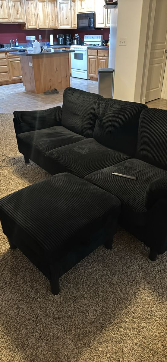 Comfortable Black Corduroy Sectional Sofa with Matching Ottoman, Great Condition