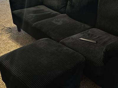 Comfortable Black Corduroy Sectional Sofa with Matching Ottoman, Great Condition