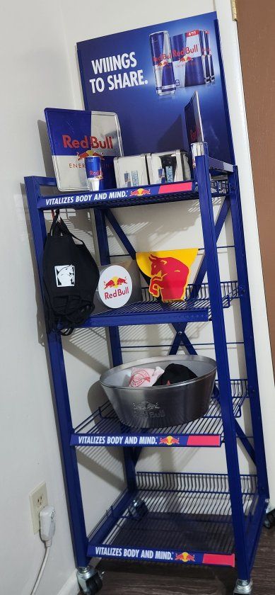 Red Bull Branded Metal Display Shelf with Wheels - 4-Tier Merchandising Rack