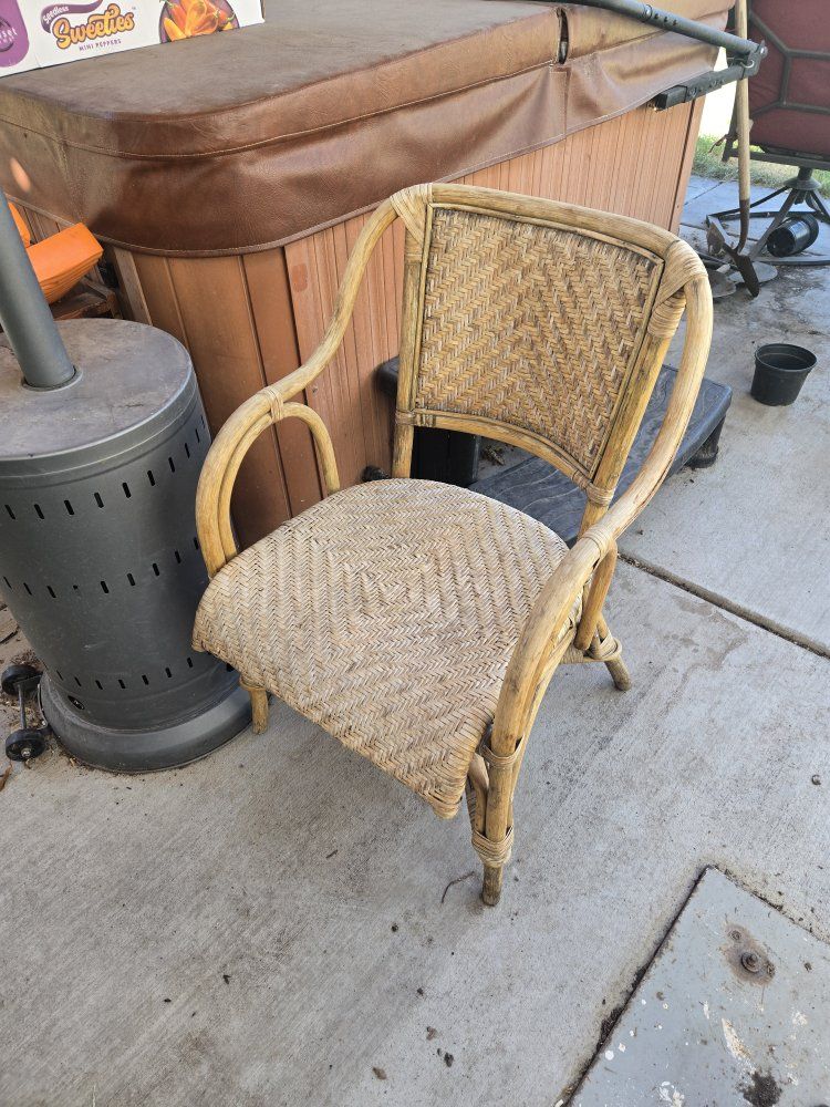 Two comfortable Vintage Woven Rattan Armchairs- Natural Finish, Curved Arms