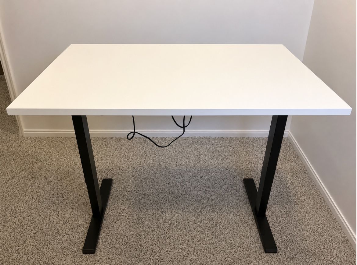 White Automatic Sit/Stand Desk + Wheeled Office Chair - Modern Design, Excellent Condition