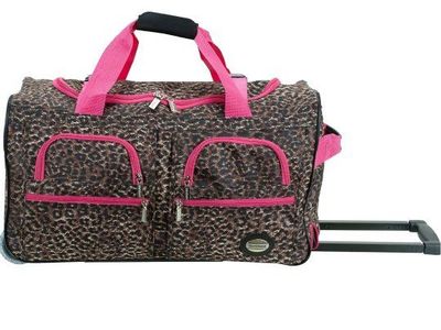 Rockland Leopard Print Rolling Duffle Bag Pink Trim