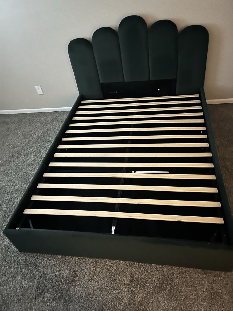 Wayfair Queen Size Bed Frame - Green Velvet Upholstered, Scalloped Headboard, 800lb Capacity