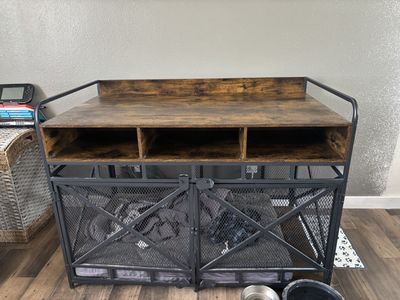 Rustic Industrial Dog Crate with built in table top Furniture with Storage, Used