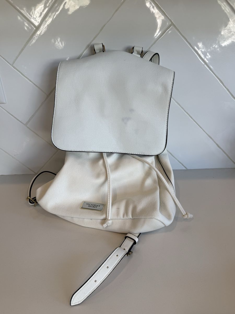 Victoria's Secret White Faux Leather & Canvas Drawstring Backpack Bag